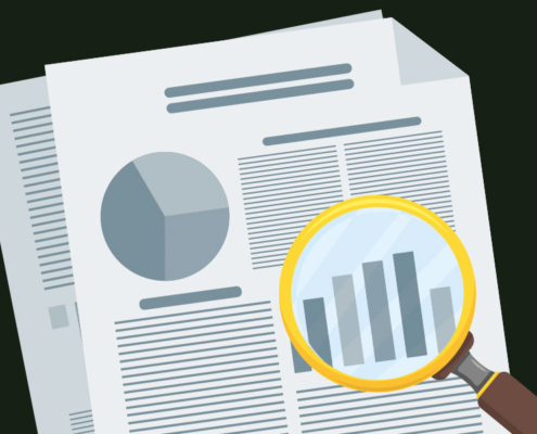 Some papers with words and graphs being inspected under a magnifying glass.