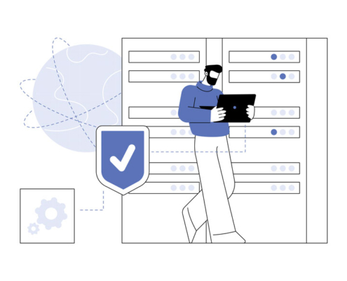 An illustration depicting a man going through a checklist on his laptop.