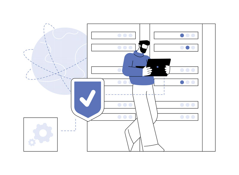 An illustration depicting a man going through a checklist on his laptop.