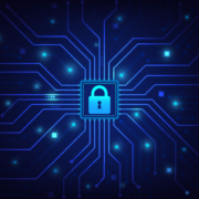 An illustration of a lock on a circuit board, representing network security.