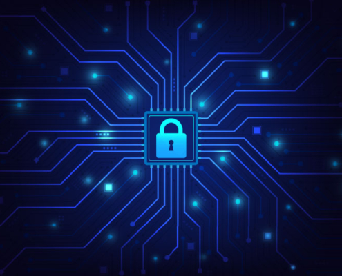 An illustration of a lock on a circuit board, representing network security.