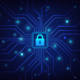 An illustration of a lock on a circuit board, representing network security.